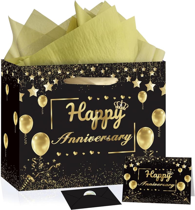 Black and Gold Wedding Anniversary Gift Bag Set