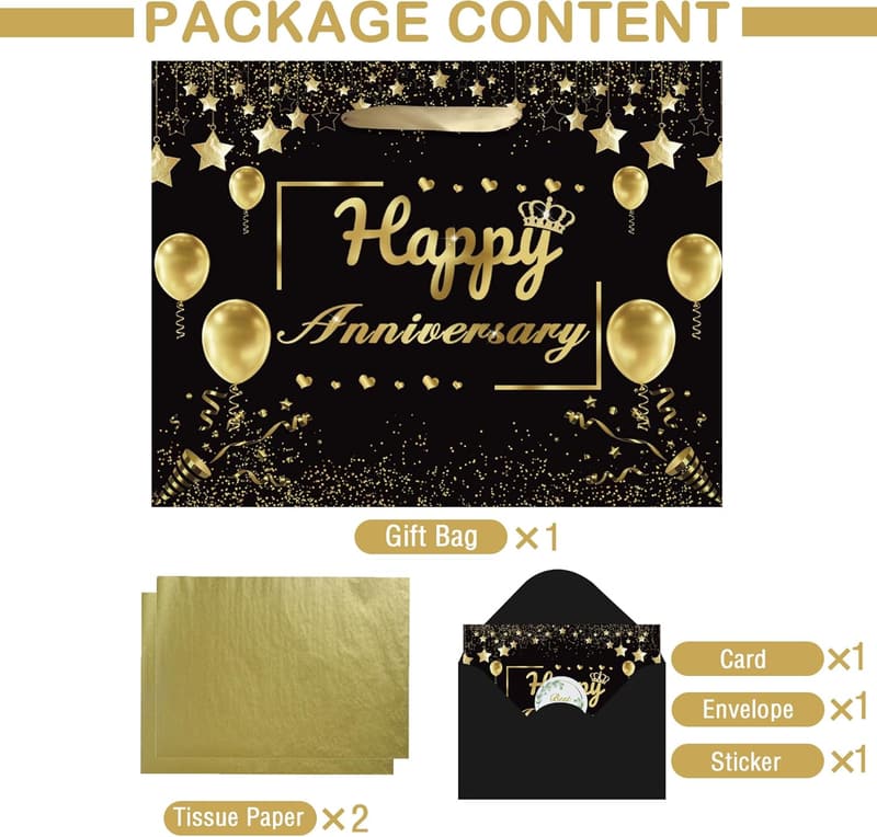 Black and Gold Wedding Anniversary Gift Bag Set