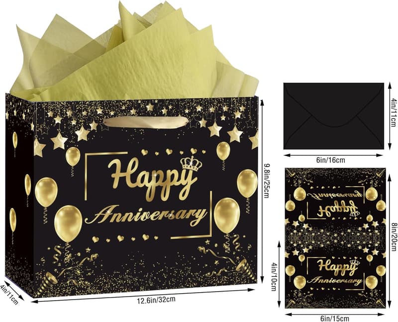 Black and Gold Wedding Anniversary Gift Bag Set