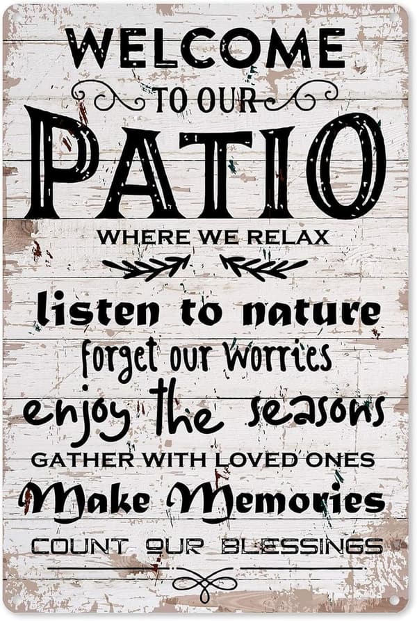 Welcome to Our Patio Vintage Metal Wall Sign - 8x12 Inch Decor