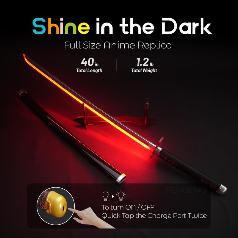 Light Up Anime Sword Replica – 40 Inch Rechargeable with Stand