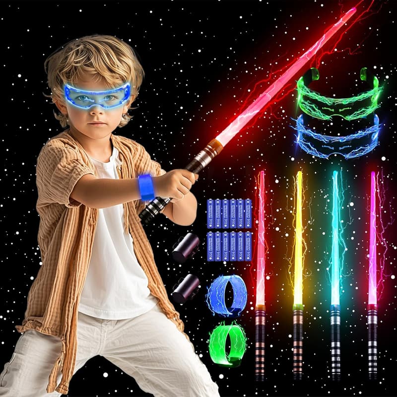 Light Up Saber Set for Kids - 4 Pack with 7 Colors & FX Sound