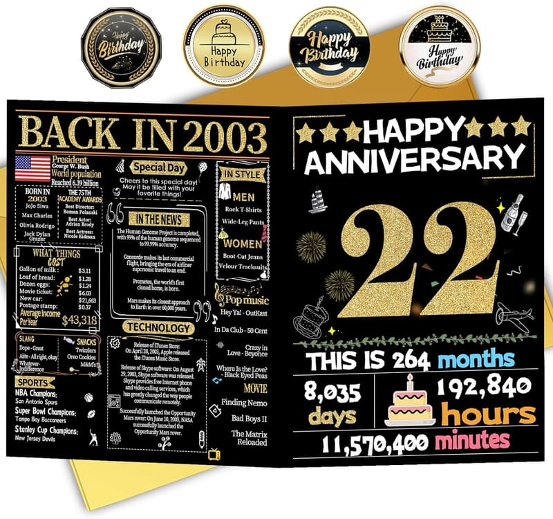 22nd Anniversary Card for Couples, Gold Design, Sweet Message