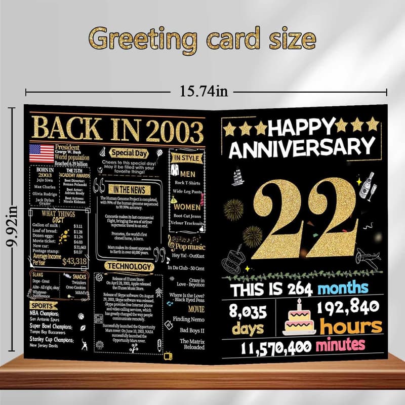 22nd Anniversary Card for Couples, Gold Design, Sweet Message