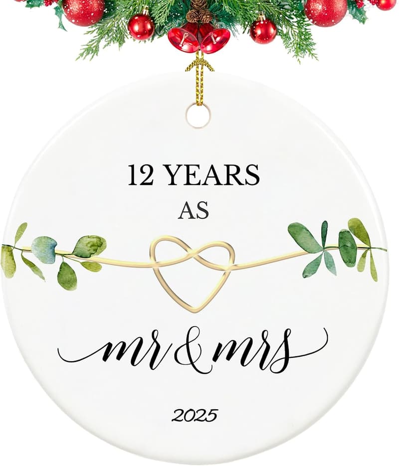 12th Anniversary Ornament for Couples - 2.9 Inch Mr & Mrs 2025