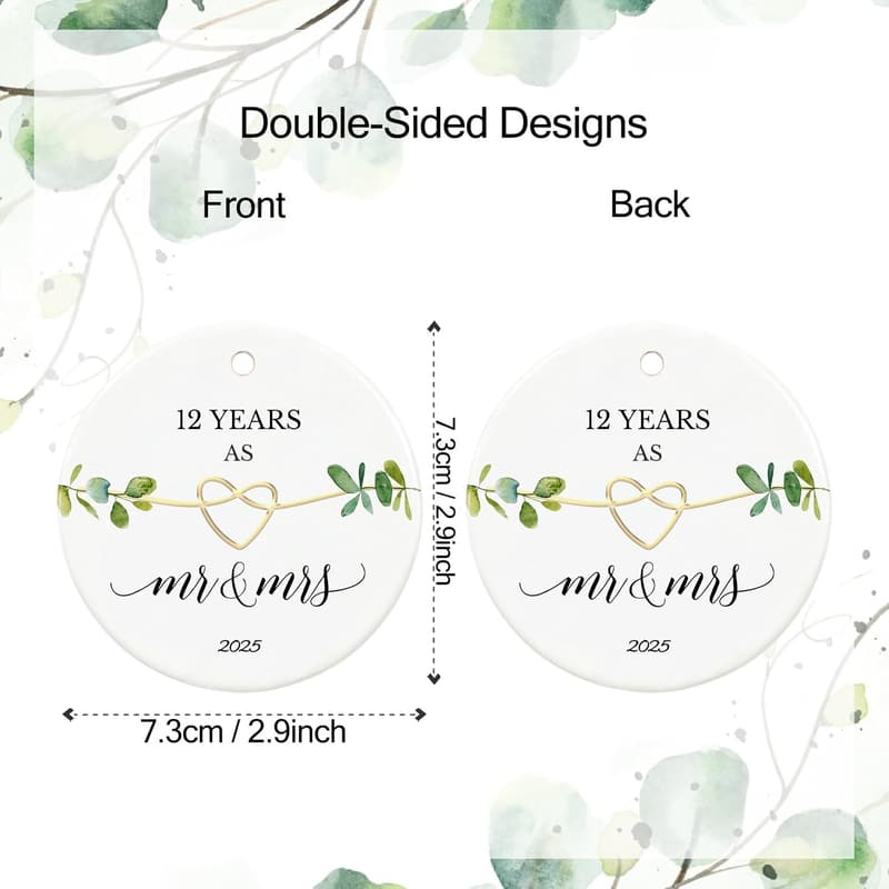 12th Anniversary Ornament for Couples - 2.9 Inch Mr & Mrs 2025