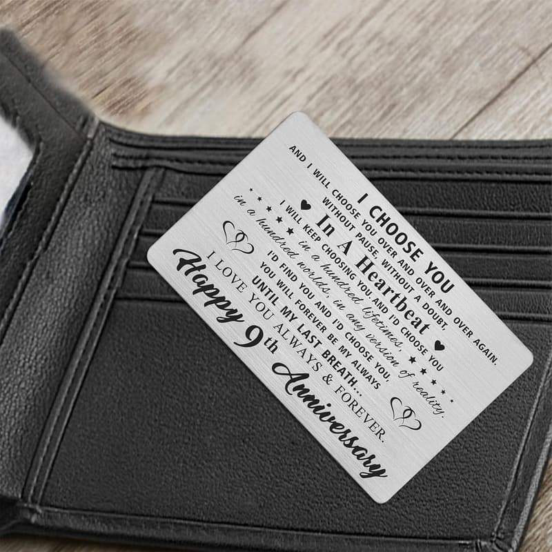 Happy 9th Anniversary Engraved Metal Wallet Insert for Him