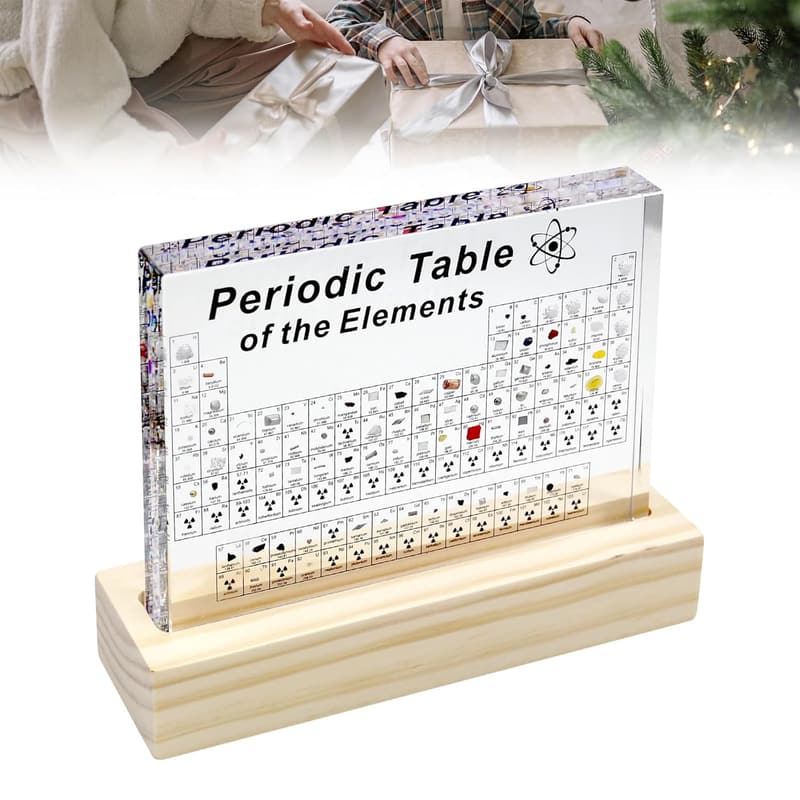 Acrylic Periodic Table Display with Real Elements and Wooden Stand