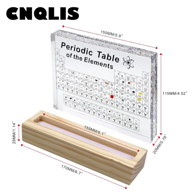 Acrylic Periodic Table Display with Real Elements and Wooden Stand