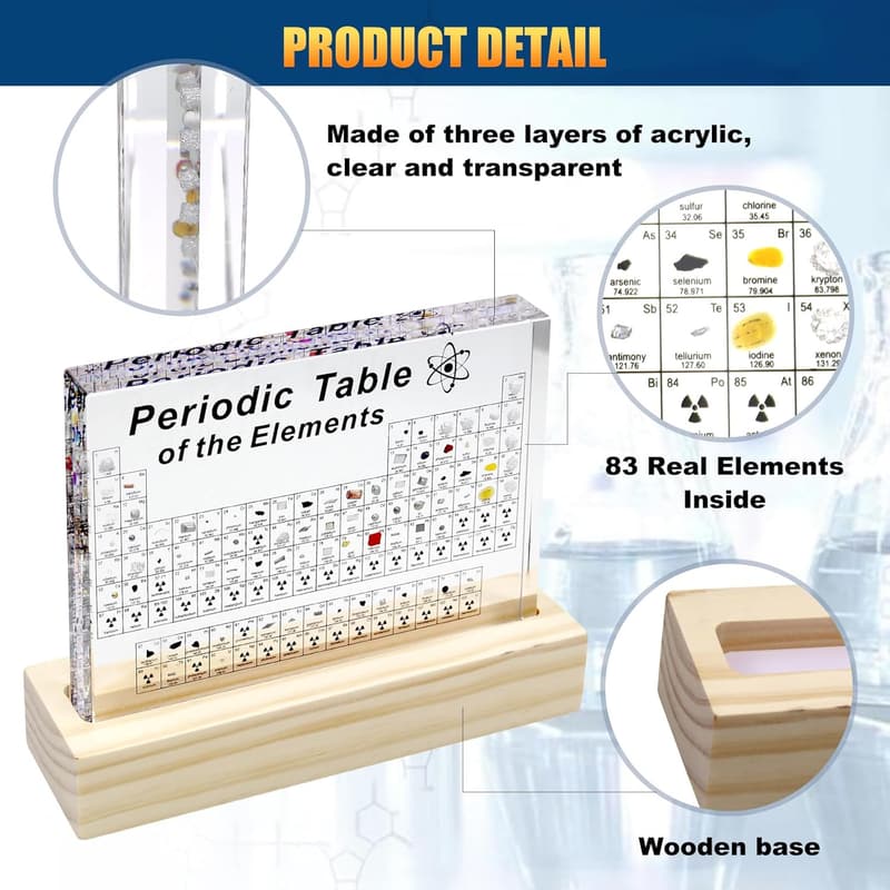 Acrylic Periodic Table Display with Real Elements and Wooden Stand