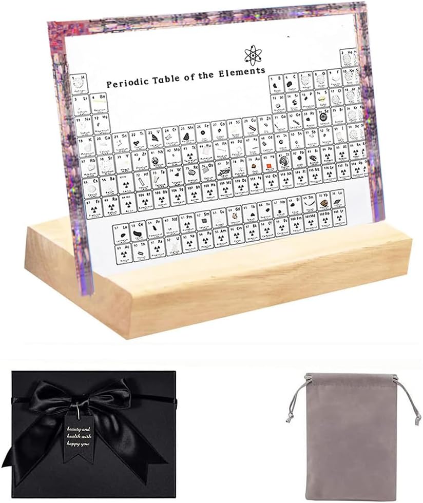 Periodic Table Display with Real Elements and Wooden Base