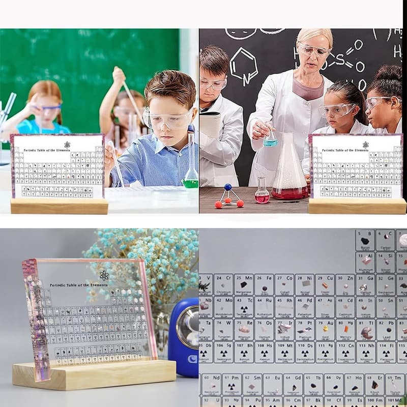 Periodic Table Display with Real Elements and Wooden Base