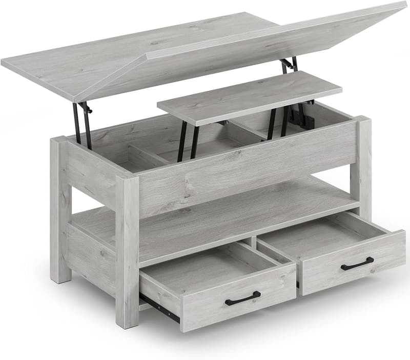 Convertible Lift-Top Coffee Table with Drawers - Grey