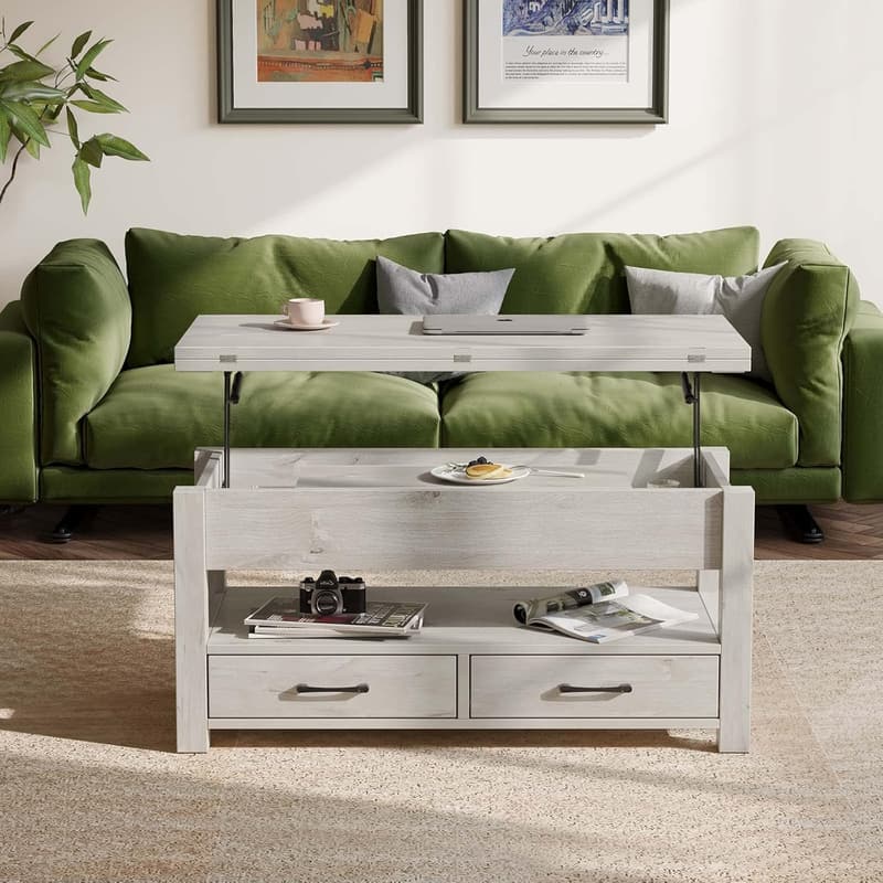 Convertible Lift-Top Coffee Table with Drawers - Grey
