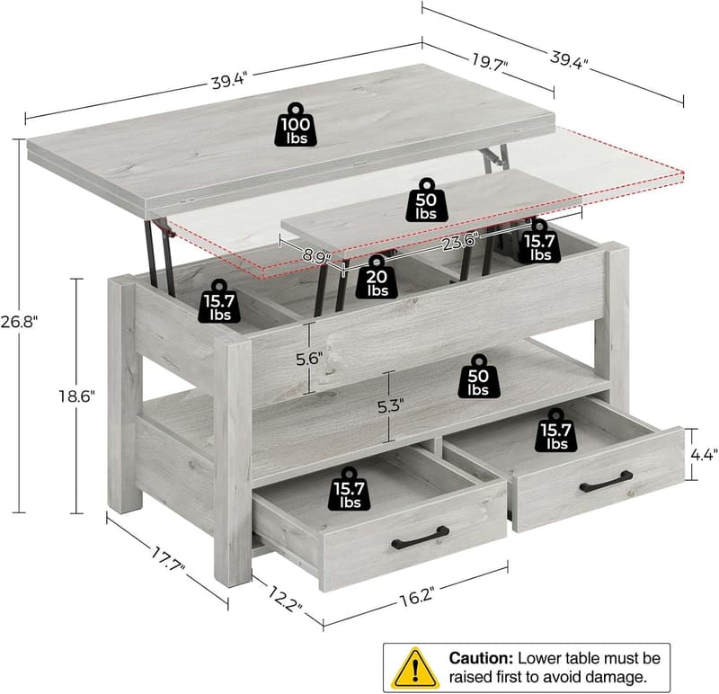 Convertible Lift-Top Coffee Table with Drawers - Grey