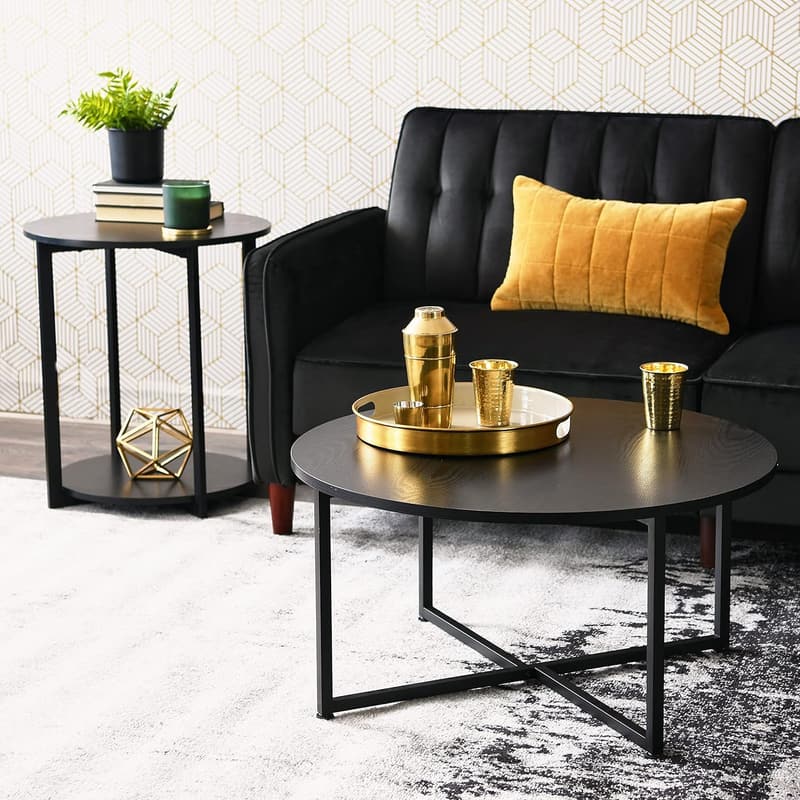 Jamestown Round Coffee Table - Black Oak Wood & Metal