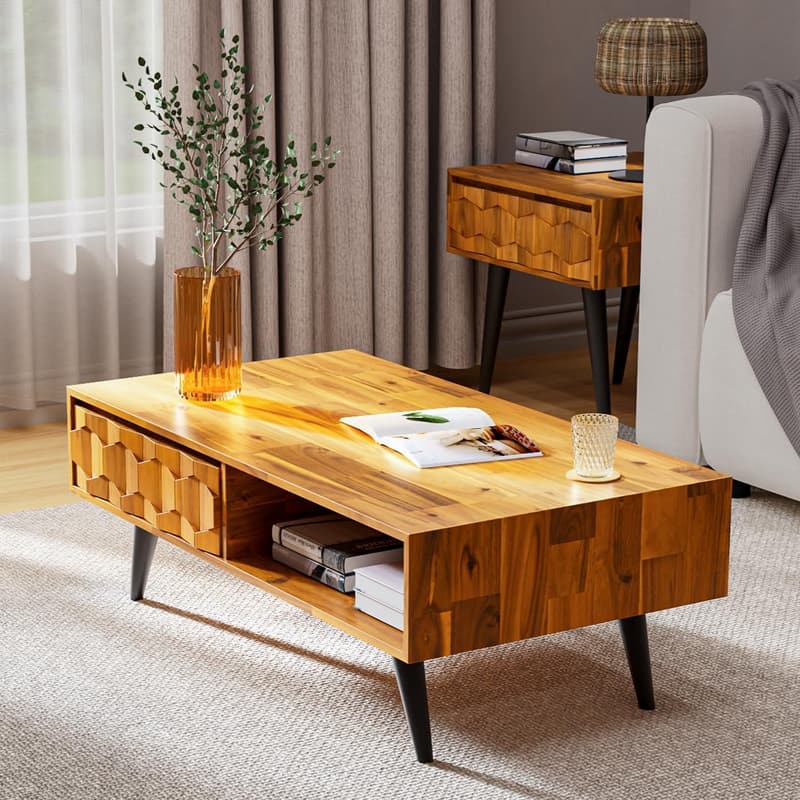 Mid-Century Modern Solid Wood Coffee Table with Drawers