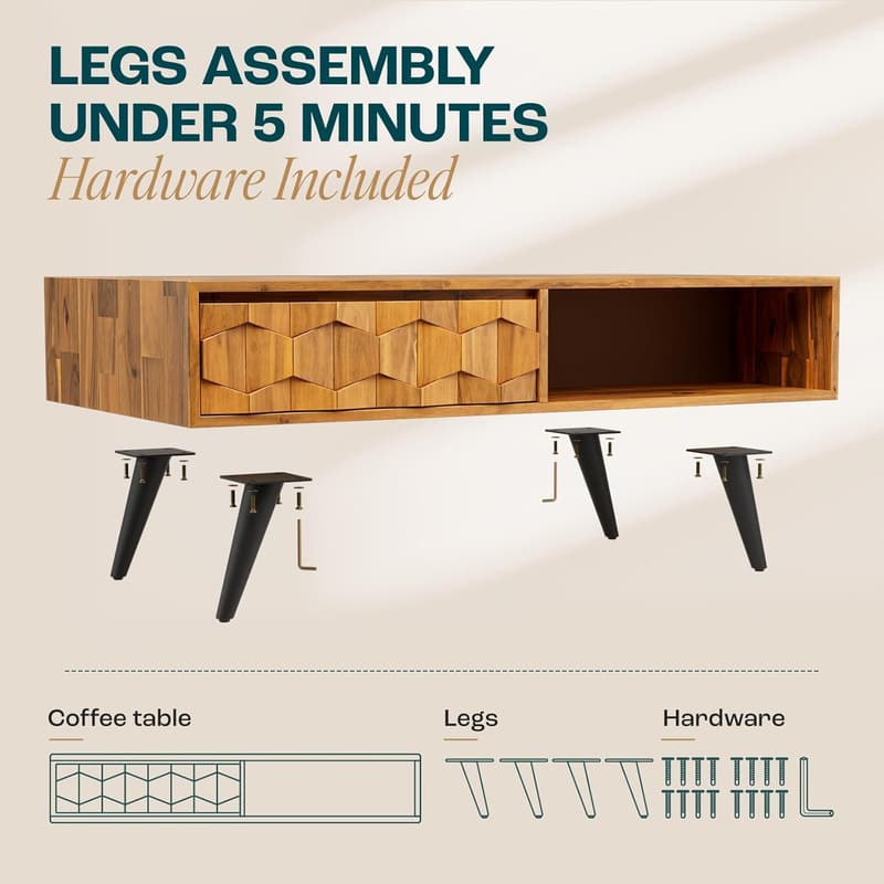 Mid-Century Modern Solid Wood Coffee Table with Drawers
