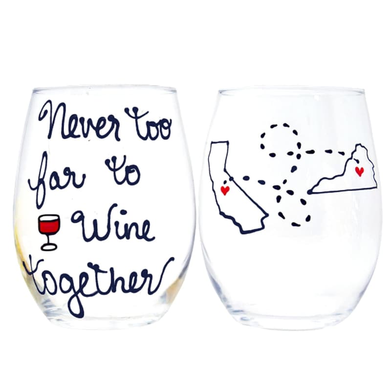 Personalized Long Distance Wine Glass - Friendship Gift