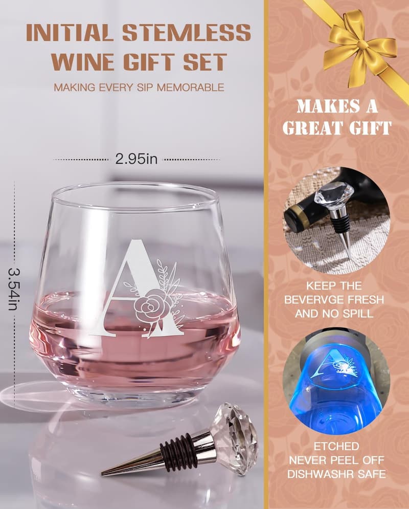 Custom Etched Wine Glass for Her - Personalized Initial | Birthday Gift