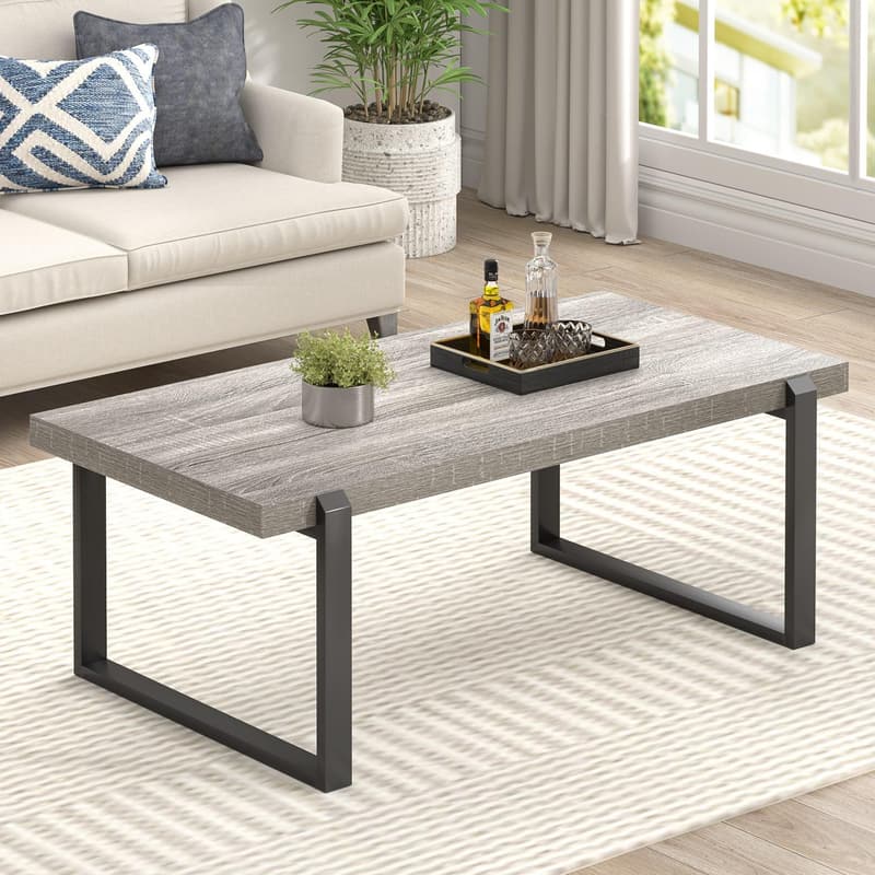 Modern Light Grey Coffee Table, Rustic Wood & Metal, 44-Inch