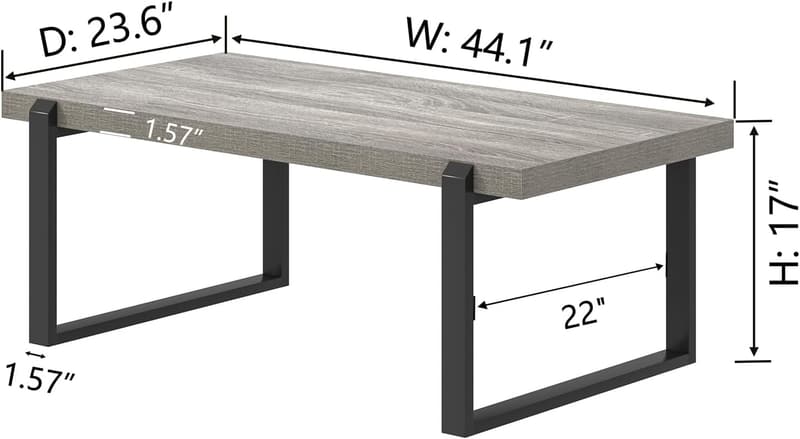 Modern Light Grey Coffee Table, Rustic Wood & Metal, 44-Inch