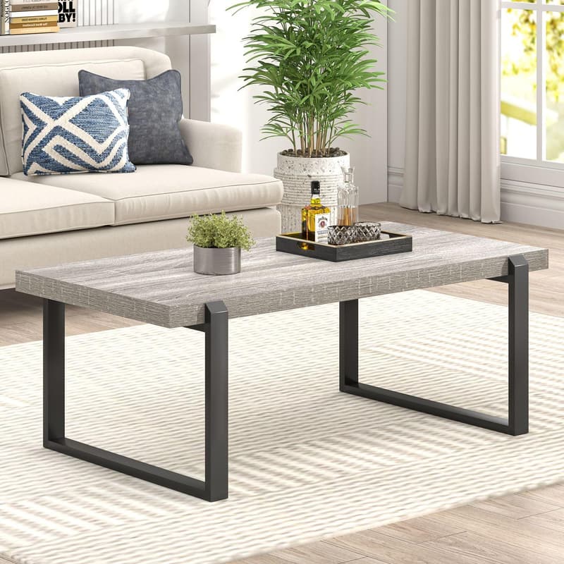 Modern Light Grey Coffee Table, Rustic Wood & Metal, 44-Inch