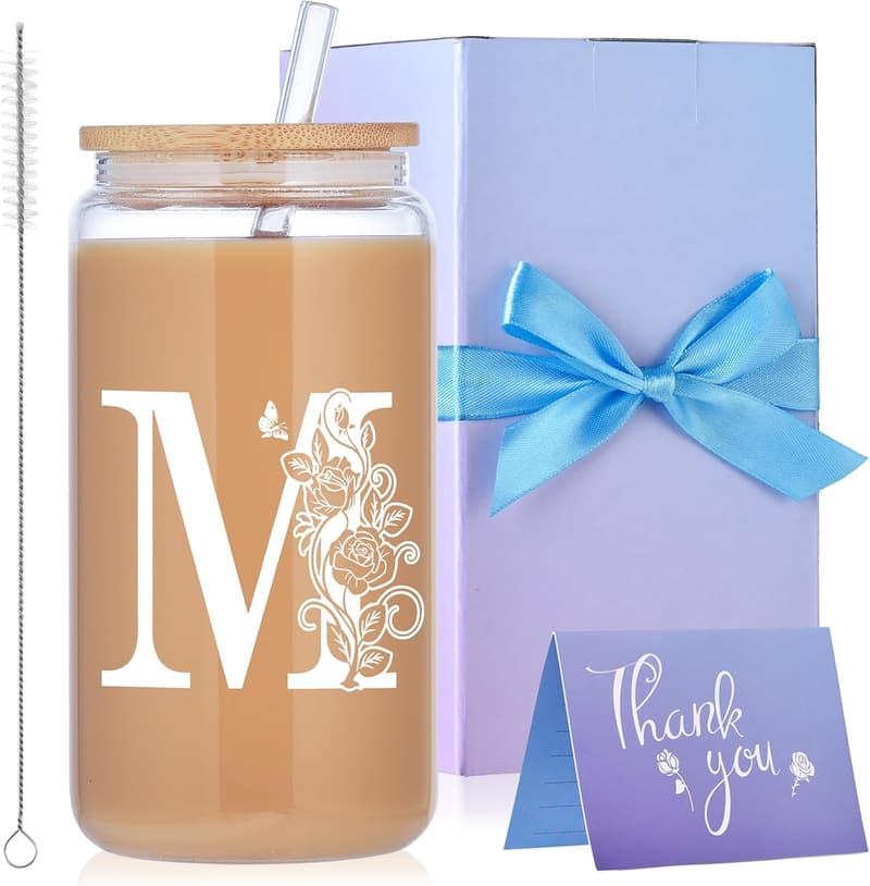 Personalized Monogrammed Glass Cups with Lids & Straws - 16oz