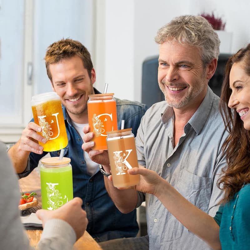 Personalized Monogrammed Glass Cups with Lids & Straws - 16oz