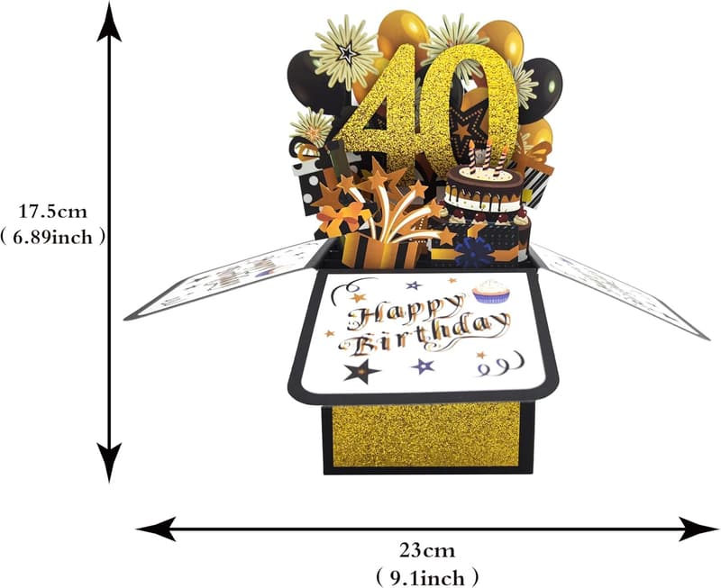 40th Birthday Glittery Gold Pop-Up Card with Envelope