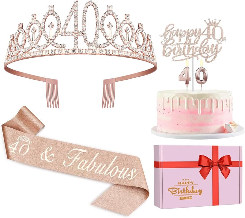 40th Birthday Decorations Set for Women with Crown, Sash & Cake Topper