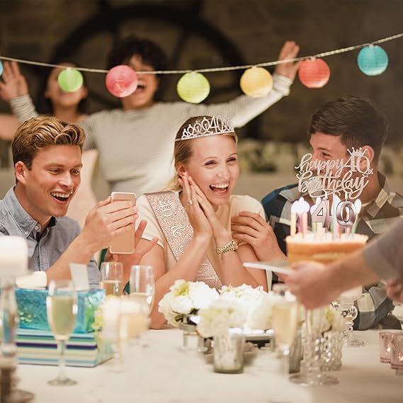 40th Birthday Decorations Set for Women with Crown, Sash & Cake Topper