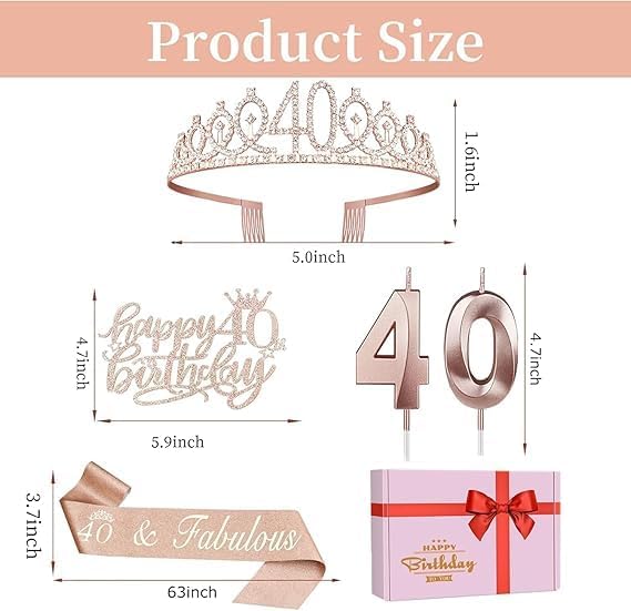 40th Birthday Decorations Set for Women with Crown, Sash & Cake Topper