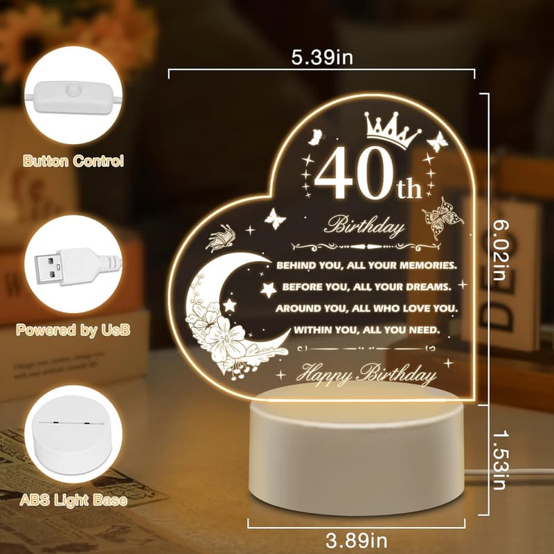 40th Birthday Personalized Night Light for Women