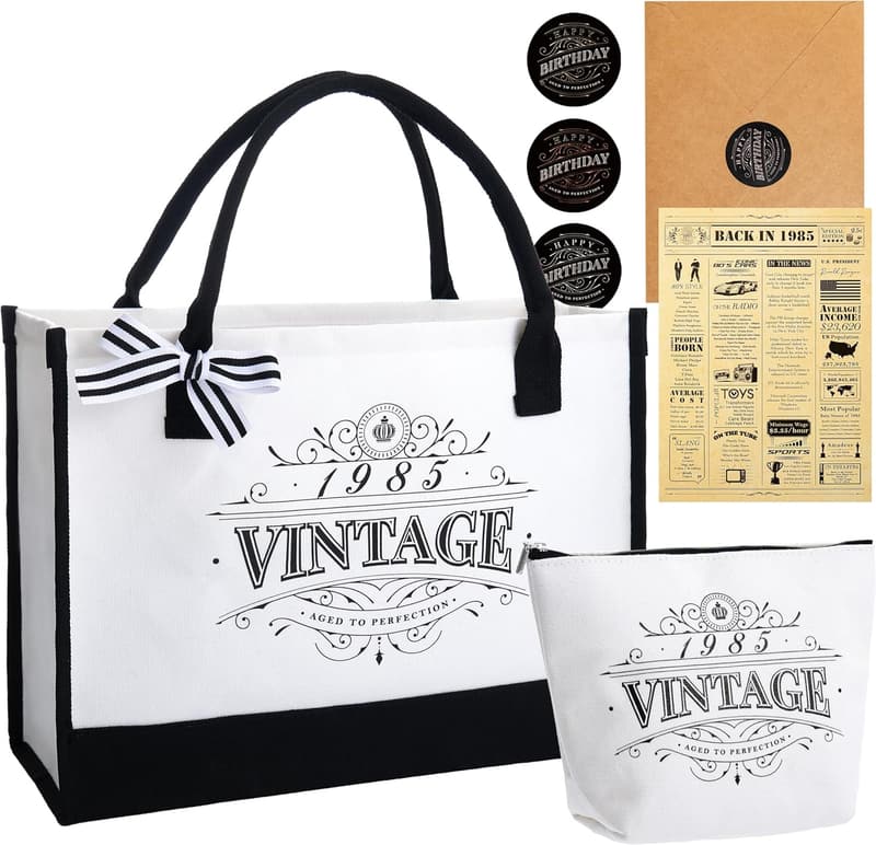 Birthday Gift Set for Women - Vintage Canvas Tote & Cosmetic Bag