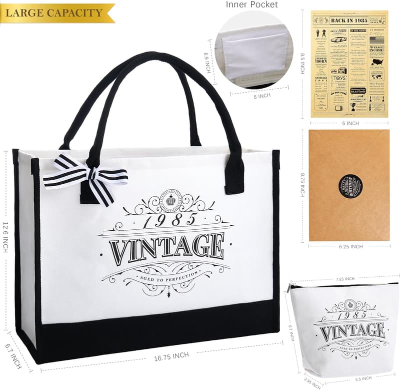 Birthday Gift Set for Women - Vintage Canvas Tote & Cosmetic Bag