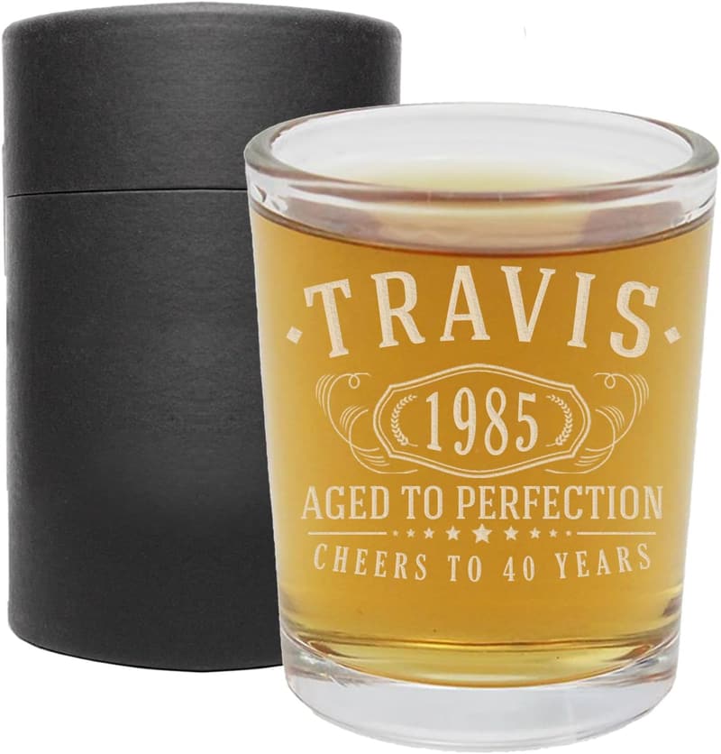 40th Birthday Personalized Vintage Shot Glass – Custom Etched 1985