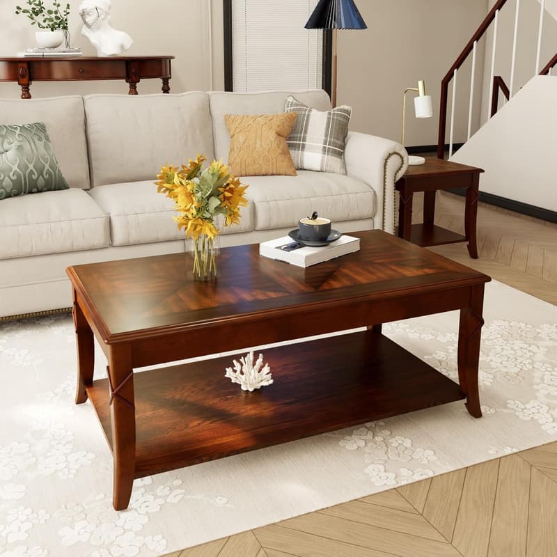 Mid-Century Solid Wood Coffee Table with Storage Shelf