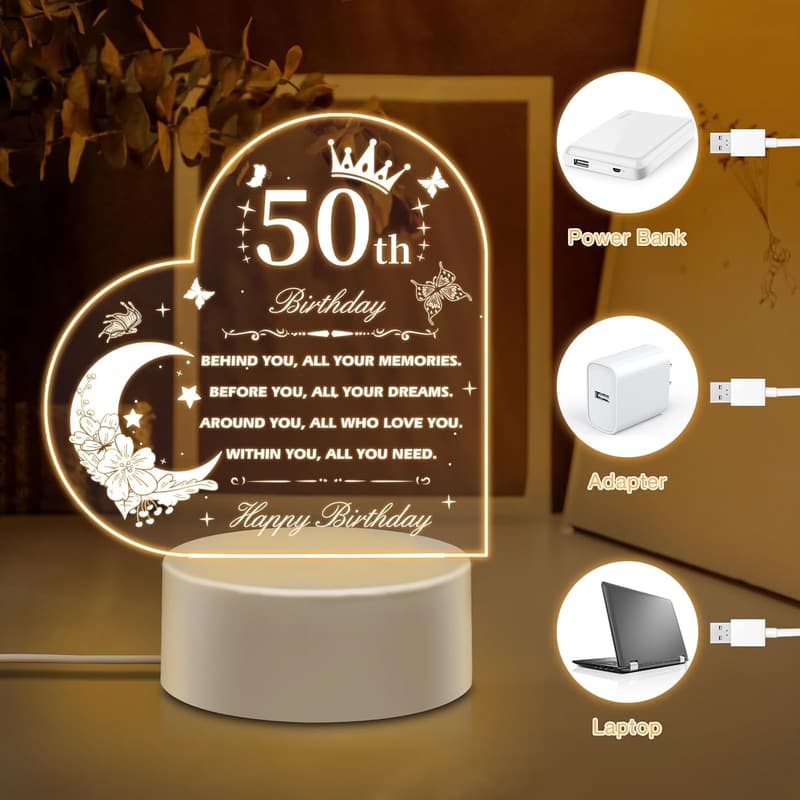 Personalized Acrylic Night Light for 50th Birthday, USB Touch Control