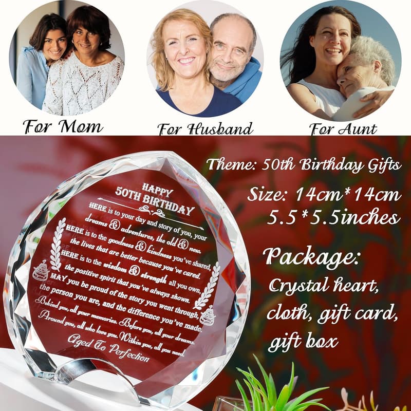 50th Birthday Crystal Heart Gift - Personalized 1974 Design