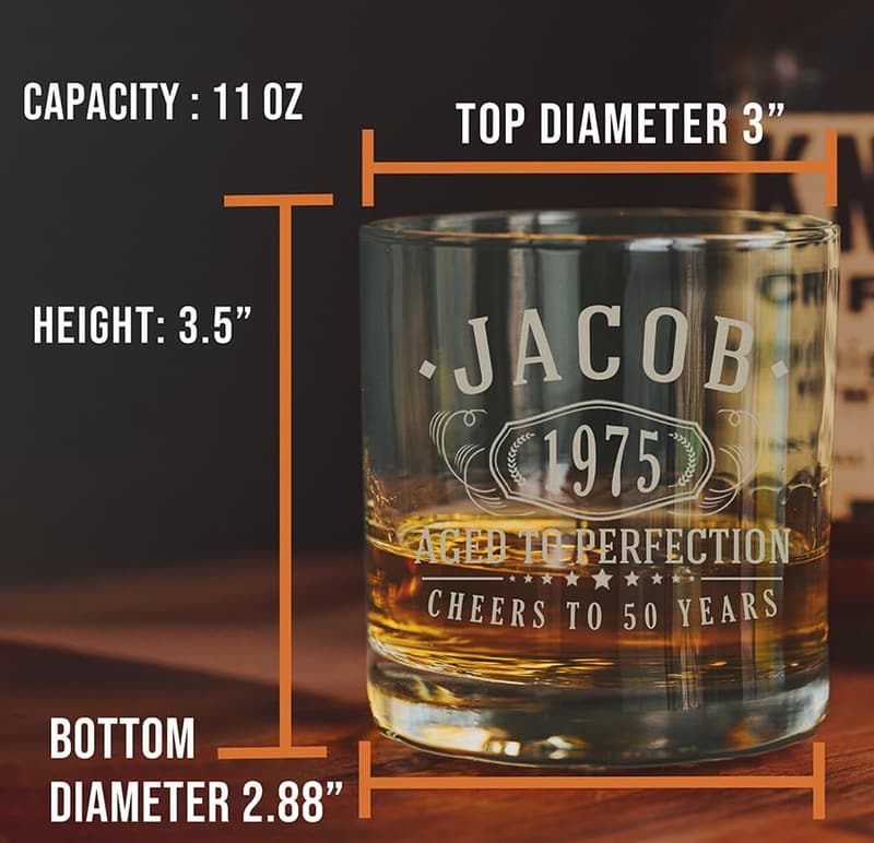 50th Birthday Personalized Etched Whiskey Glass for Him