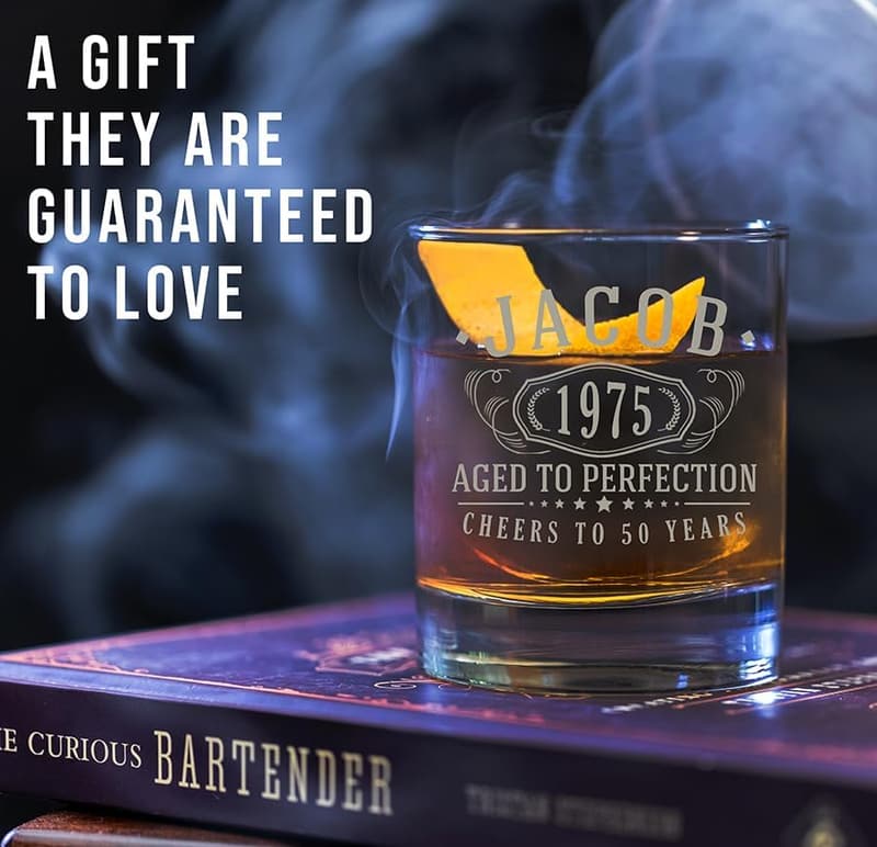 50th Birthday Personalized Etched Whiskey Glass for Him