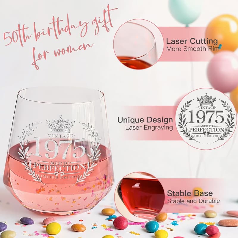 Personalized Vintage 1975 Engraved Wine Glass for 50th Birthday