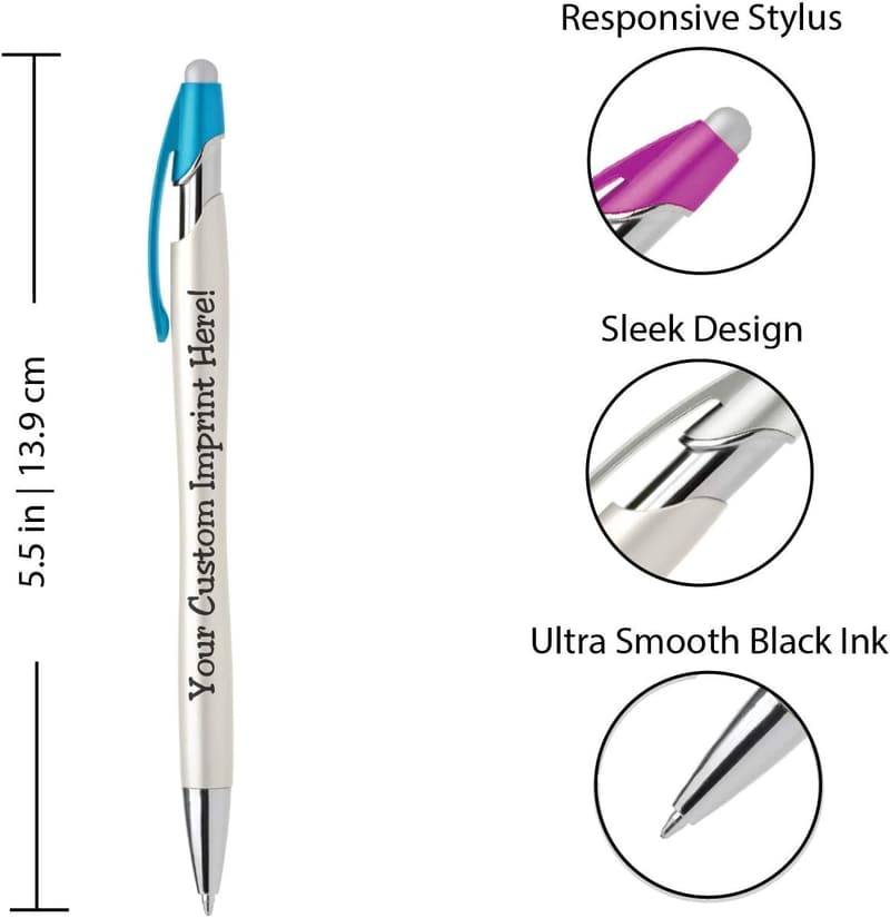 Personalized Custom Pens with Stylus - 12 Pack (Aqua)