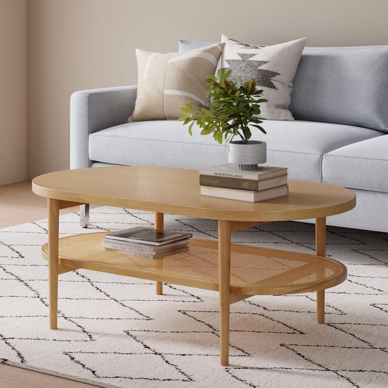 Light Wood/Rattan Coffee Table with Storage Shelf