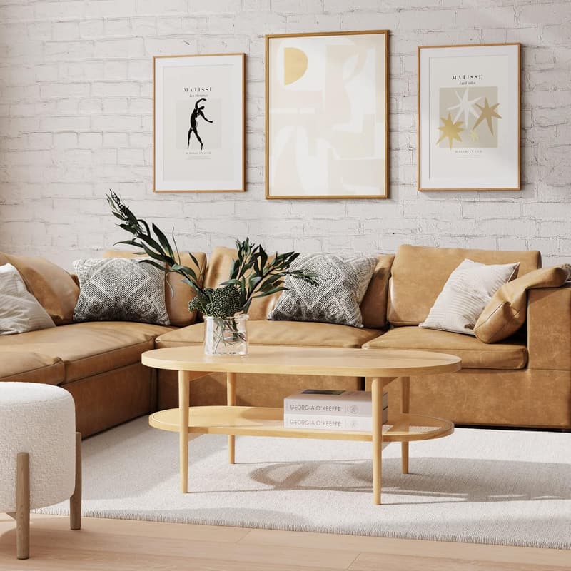 Light Wood/Rattan Coffee Table with Storage Shelf