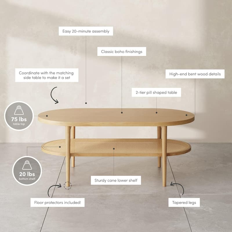 Light Wood/Rattan Coffee Table with Storage Shelf