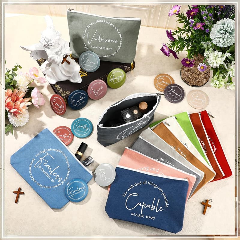 Christian Gifts for Women: Canvas Makeup Bags & Mirrors Set