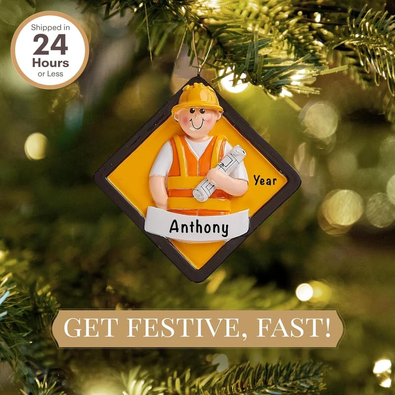 Custom Construction Worker Ornament 2024 - Gift-Wrapped