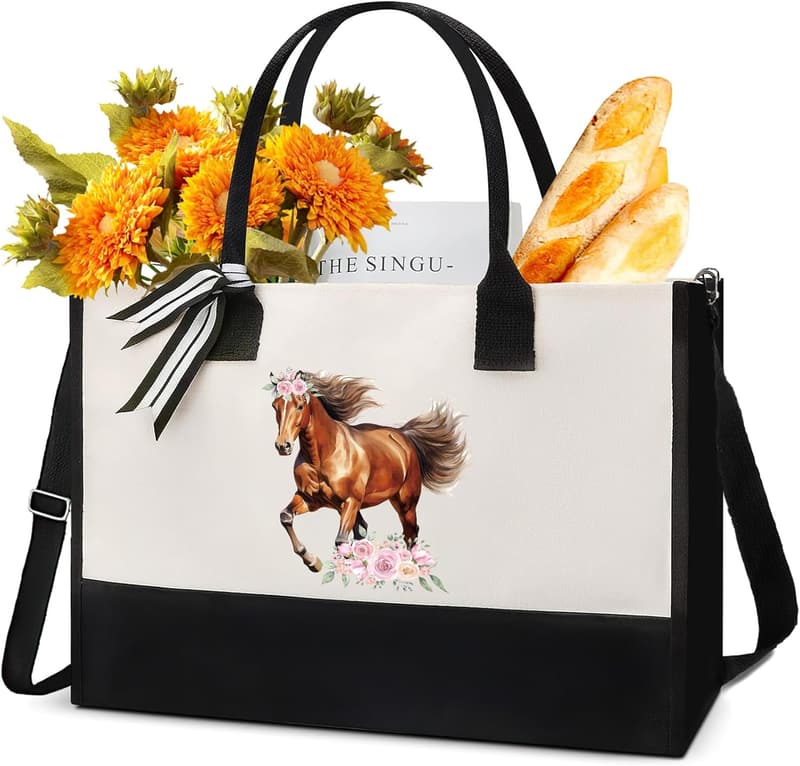 Personalized Floral Horse Canvas Tote Bag for Women